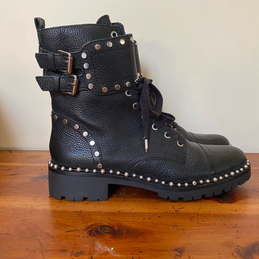 Genuine leather studded combat boots